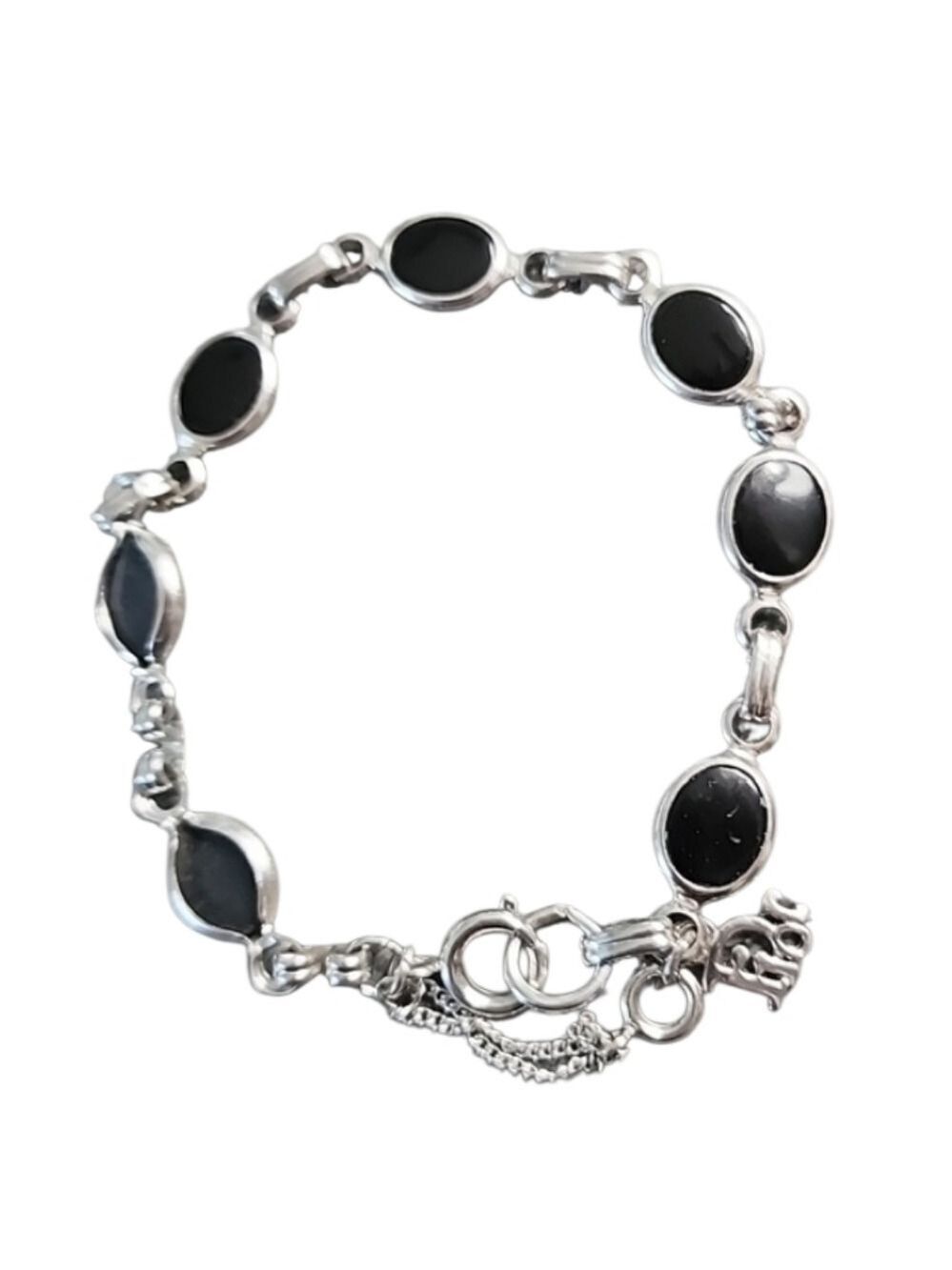 Christian Dior Sterling Silver Black Onyx Oval Link 7.5" Bracelet w/Safety Chain